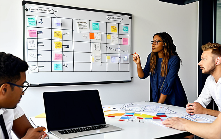 ** A brainstorming session in a modern office. Diverse team members collaborate, generating innovative ideas, with a whiteboard full of notes and diagrams in the background. Emphasis on creativity and collaboration.
**