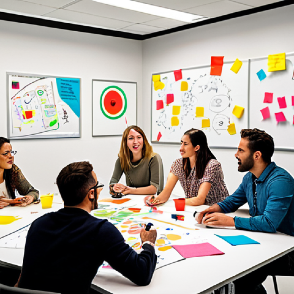 **

A vibrant, collaborative brainstorming session in a modern, light-filled office space. Diverse team members are actively engaged, sketching ideas on a large Miro board projected on the wall. Post-it notes and colorful markers are scattered across the table. The atmosphere is energetic and creative, showcasing the power of diverse perspectives fueling innovation.

**