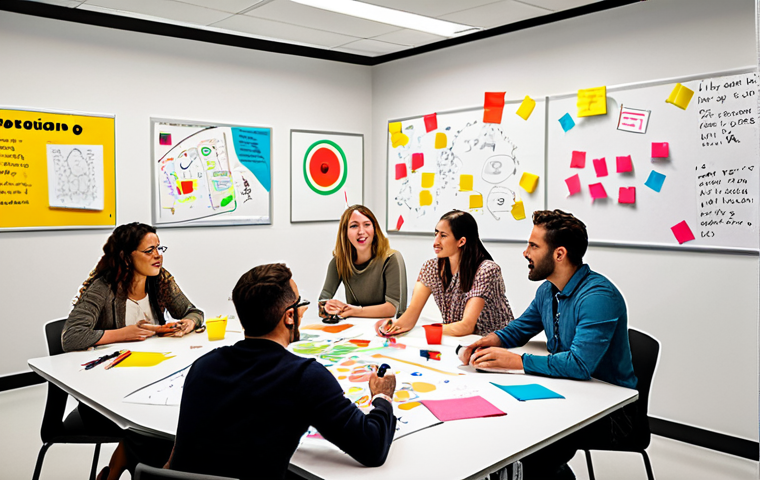 **
A vibrant, collaborative brainstorming session in a modern, light-filled office space. Diverse team members are actively engaged, sketching ideas on a large Miro board projected on the wall. Post-it notes and colorful markers are scattered across the table. The atmosphere is energetic and creative, showcasing the power of diverse perspectives fueling innovation.
**