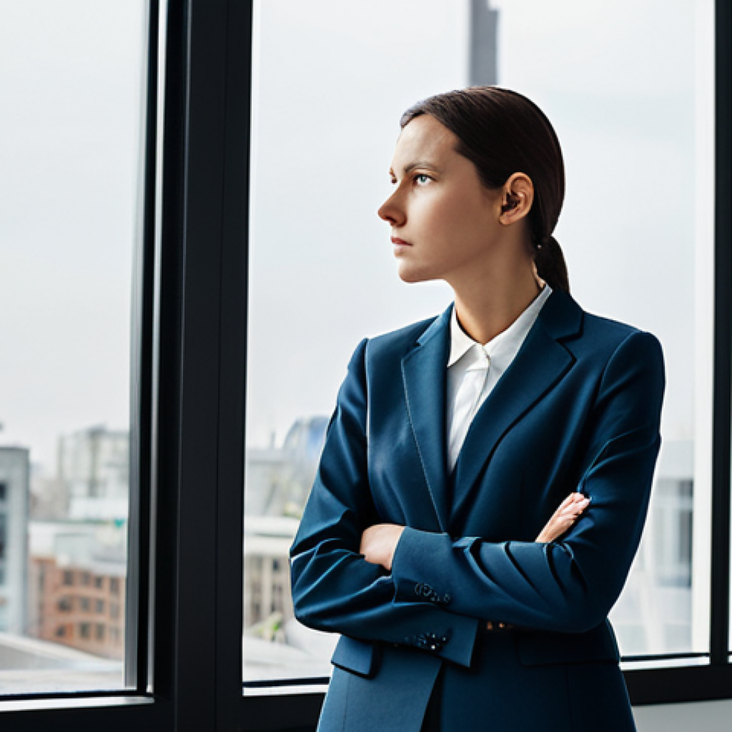A thoughtful professional woman, dressed in a modest business suit, stands by a large window in a minimalist, modern office flooded with natural light. She gazes contemplatively at a clean, bustling city street below, a subtle expression of insight dawning on her face. The image emphasizes observation and the moment of an idea forming. Professional photography, high resolution, realistic, sharp focus, natural pose, perfect anatomy, correct proportions, well-formed hands, proper finger count, fully clothed, appropriate attire, safe for work, appropriate content, family-friendly.