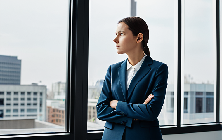 A thoughtful professional woman, dressed in a modest business suit, stands by a large window in a minimalist, modern office flooded with natural light. She gazes contemplatively at a clean, bustling city street below, a subtle expression of insight dawning on her face. The image emphasizes observation and the moment of an idea forming. Professional photography, high resolution, realistic, sharp focus, natural pose, perfect anatomy, correct proportions, well-formed hands, proper finger count, fully clothed, appropriate attire, safe for work, appropriate content, family-friendly.