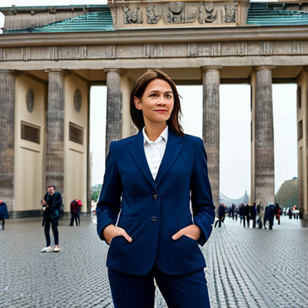 **

"A professional businesswoman in a tailored dark blue business suit, standing in front of the Brandenburg Gate in Berlin, Germany, fully clothed, appropriate attire, safe for work, perfect anatomy, natural proportions, professional photography, high quality, overcast day."

**