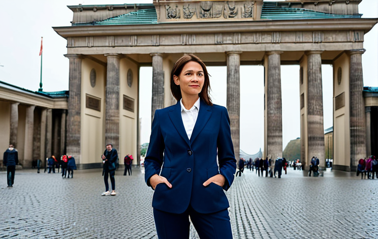 **

"A professional businesswoman in a tailored dark blue business suit, standing in front of the Brandenburg Gate in Berlin, Germany, fully clothed, appropriate attire, safe for work, perfect anatomy, natural proportions, professional photography, high quality, overcast day."

**