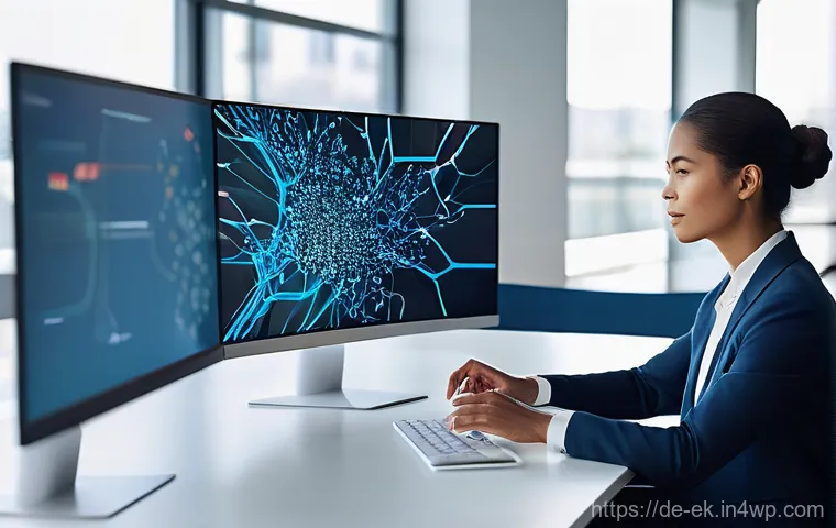 아이디어 생성을 위한 혁신적 도구 설치 - **Prompt:** A dynamic, modern workspace where a diverse professional is deeply engaged with an AI-po...