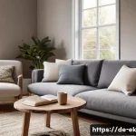 아이디어 생성의 문화적 접근 - A serene and inviting living room interior designed in the "Hygge" aesthetic. The room is bathed in ...