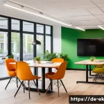 아이디어 생성과 조직 내 창의성 증진 - A modern, bright creative workspace in a German office setting, featuring large windows with abundan...