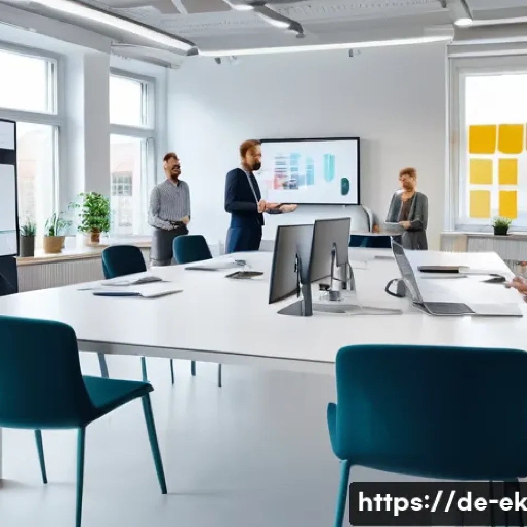 아이디어 생성에 있어 고객의 역할 - A modern corporate innovation workshop scene in a bright, spacious office in Germany, featuring a di...