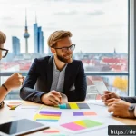 의사소통을 통한 아이디어 생성 활성화 - A diverse German office team engaged in a creative brainstorming session around a large table, featu...