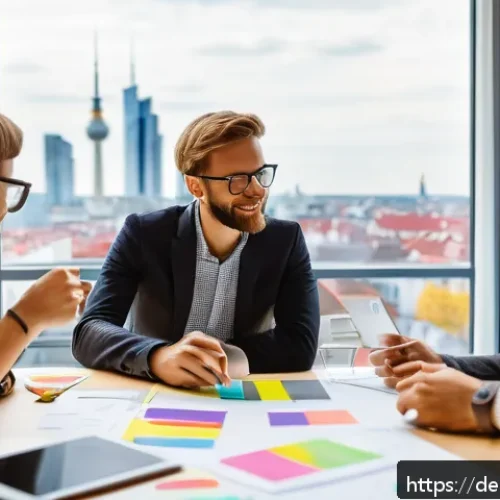 의사소통을 통한 아이디어 생성 활성화 - A diverse German office team engaged in a creative brainstorming session around a large table, featu...