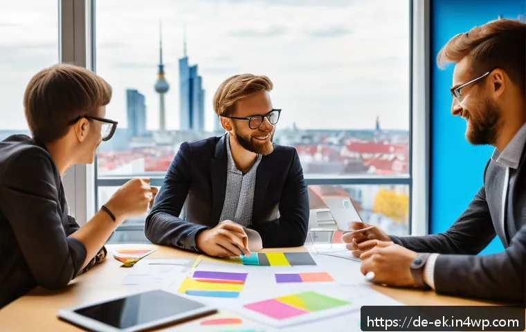 의사소통을 통한 아이디어 생성 활성화 - A diverse German office team engaged in a creative brainstorming session around a large table, featu...
